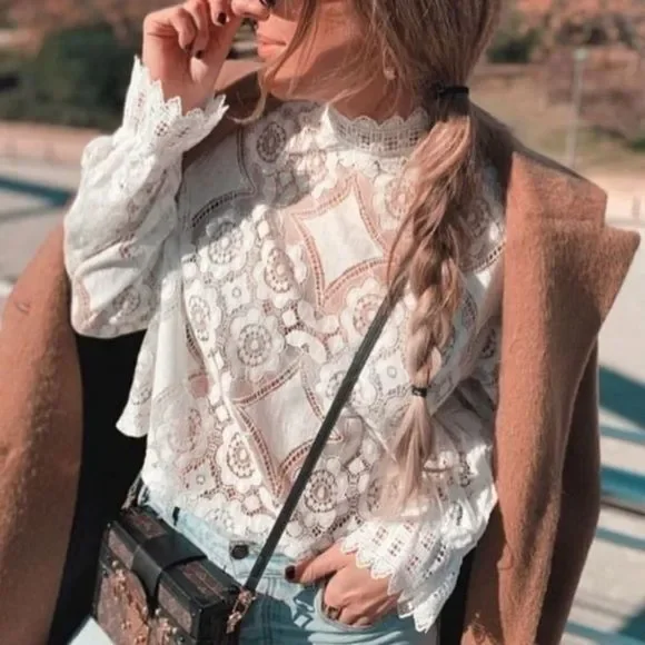 White Lace See through Bohemian Long Sleeve Shirt - Picture 8 of 16